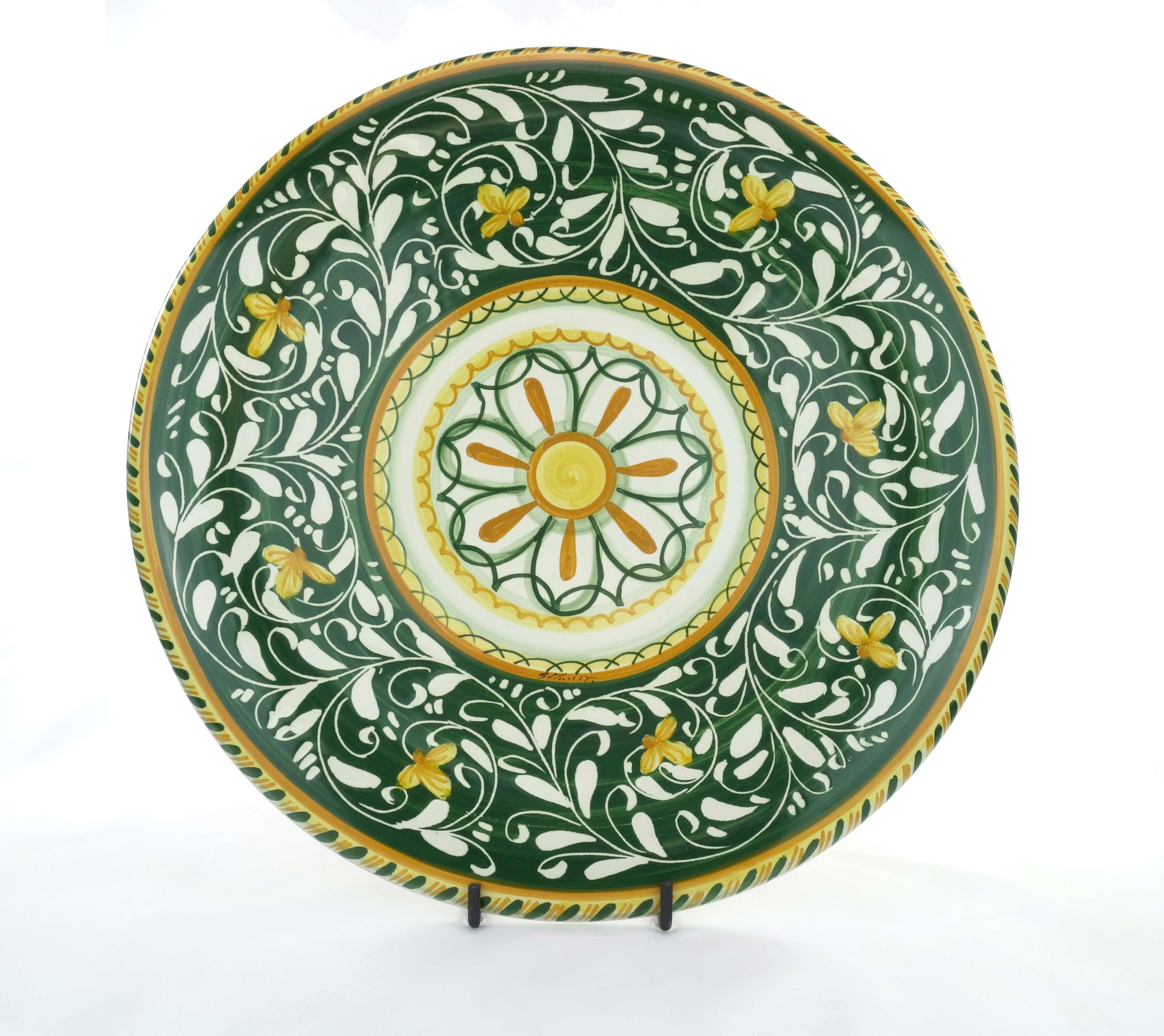 Piatto in ceramica di Castelli decoro Ornato Verde - 38 cm - Del Melo  Ceramiche