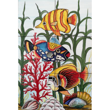 Pannello Mattonelle in Ceramica dipinta a mano decoro Pesci Tropicali