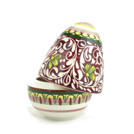 Uovo a cofanetto in Ceramica di Castelli decoro Ornato Bordeaux